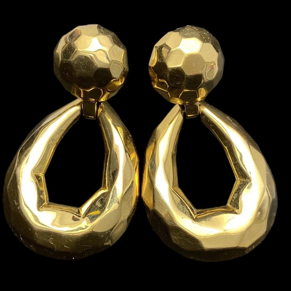 St John Massive‎ 3” Hammered Dangle Knocker Clip Earrings Gold tone